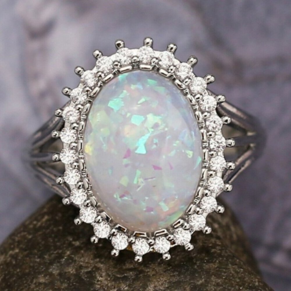 New Oval Cut Opal 925 Silver Wedding Ring - Picture 1 of 5